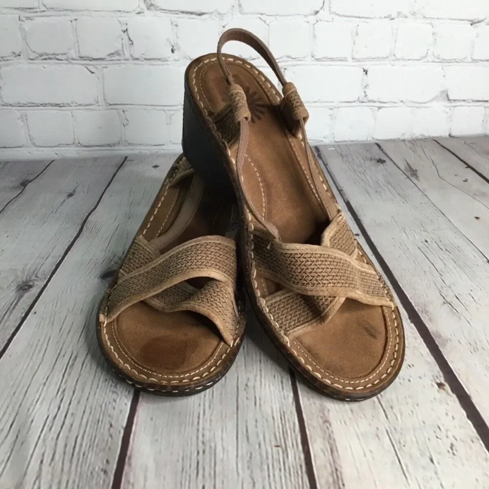 UGG 3146 Strappy Slingback Jute Wedge Sandals Women Size‎ 9 Brown Nubuck/Leather